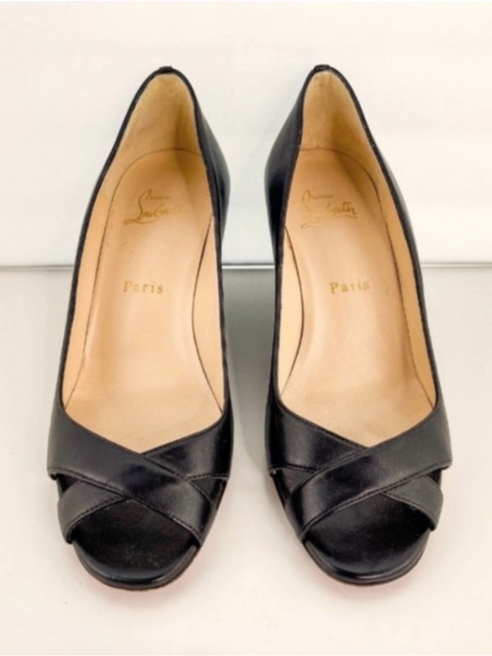 Christian Louboutin Black Leather Peep-Toe Crossover Pumps
